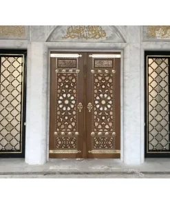 در چوبی مسجد گره چینی شیشه خور دو لنگه رنگ پلی اورتان کد 005 ابعاد سفارشی