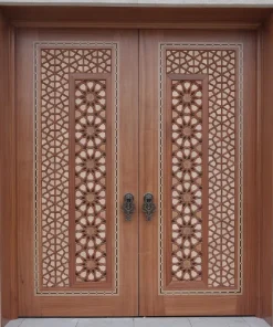 درب چوبی مسجد گردویی گره چینی رنگ پلی اورتان کد 008 ابعاد سفارشی