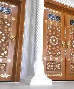 درب چوبی مسجد گره چینی طلاکوب رنگ پلی اورتان کد 004 ابعاد سفارشی