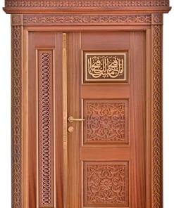 درب چوبی مسجد یک ونیم لنگه طلاکوب رنگ پلی اورتان کد 011 ابعاد سفارشی