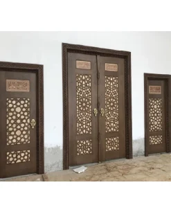درب چوبی ورودی مسجد گره چینی دو لنگه رنگ پلی اورتان کد 003 ابعاد سفارشی