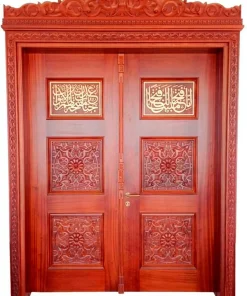 درب چوبی مسجد دولنگه طلاکوب منبت رنگ پلی اورتان کد 013 ابعاد سفارشی